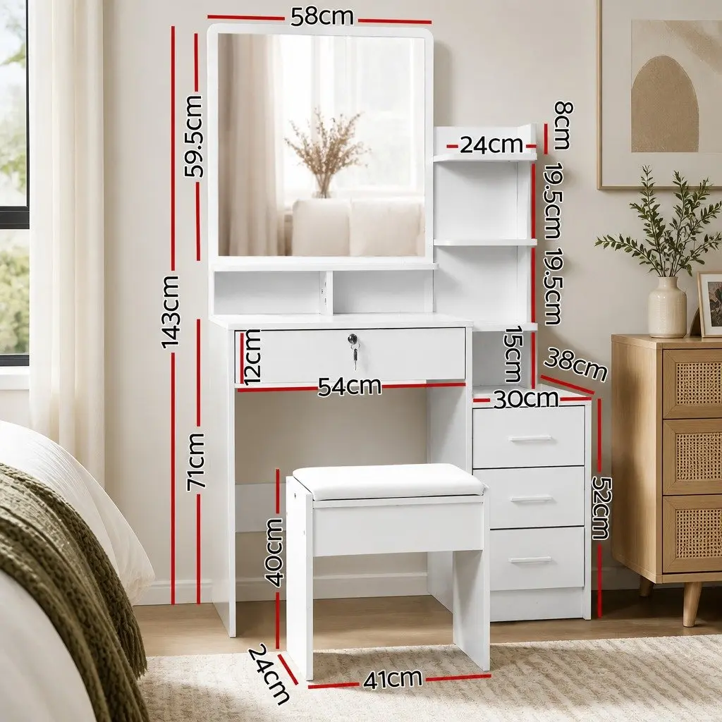 Dressing Table White Vanity Makeup Dresser 88cm x 38cm x 143cm Particle Board with Melamine 4 Drawers and Stool Included
