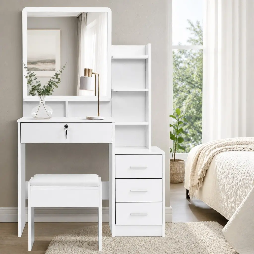 Dressing Table White Vanity Makeup Dresser 88cm x 38cm x 143cm Particle Board with Melamine 4 Drawers and Stool Included