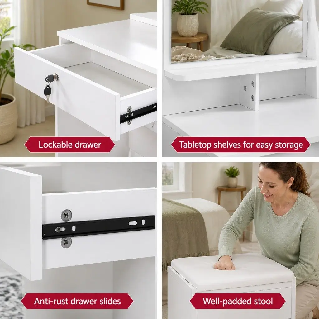 Dressing Table White Vanity Makeup Dresser 88cm x 38cm x 143cm Particle Board with Melamine 4 Drawers and Stool Included