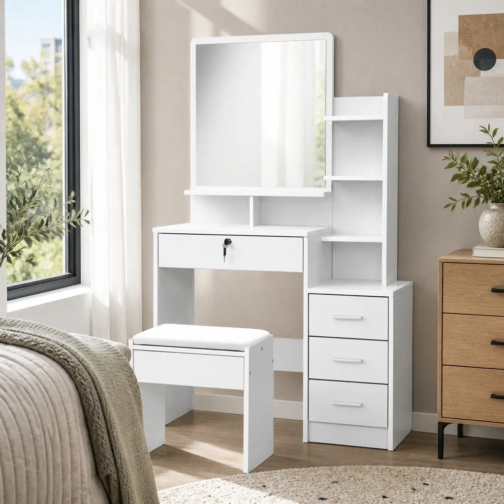 Dressing Table White Vanity Makeup Dresser 88cm x 38cm x 143cm Particle Board with Melamine 4 Drawers and Stool Included