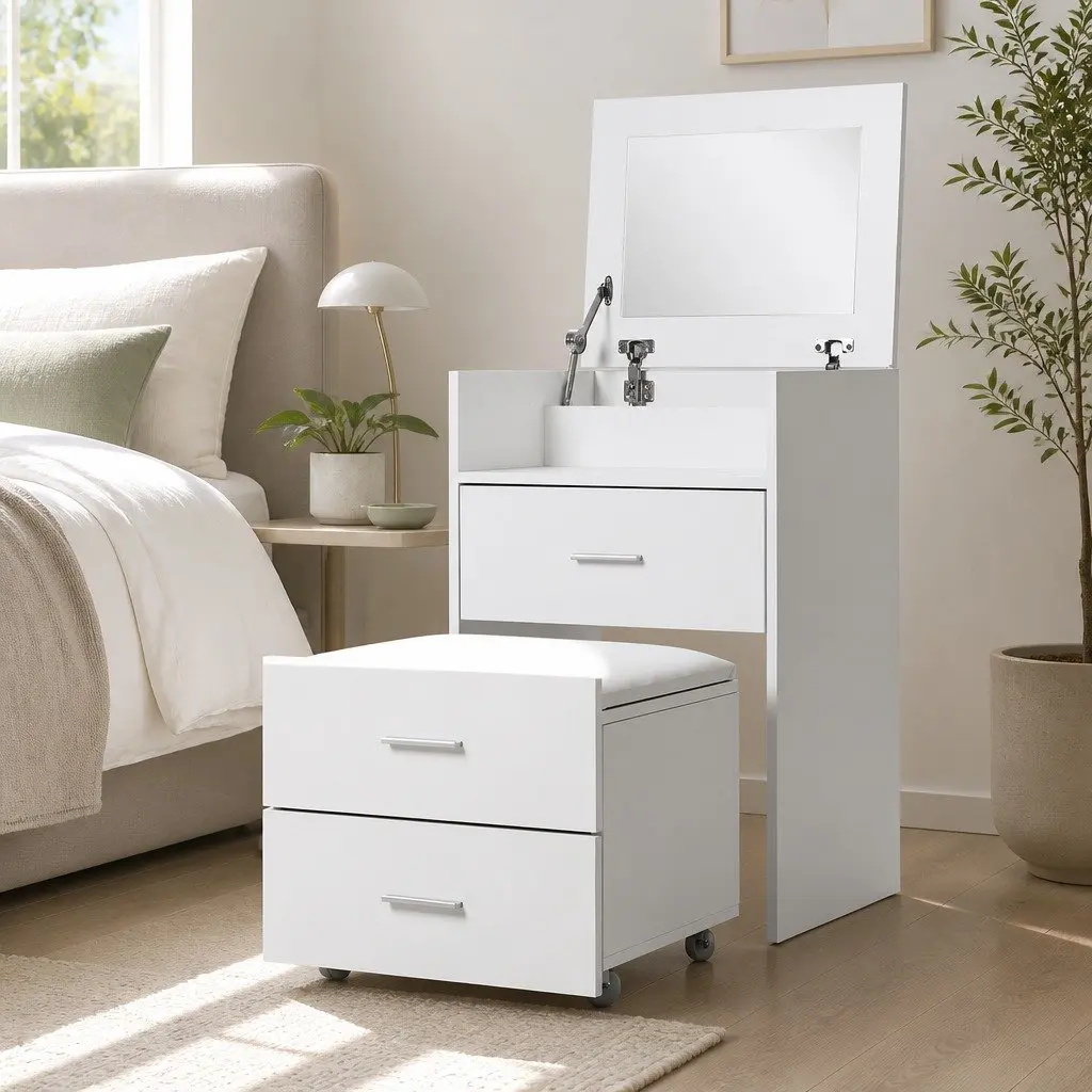 2-in-1 Bedside Dressing Table Stool Set White Modern Minimalist MDF with Hidden Mirror and Storage