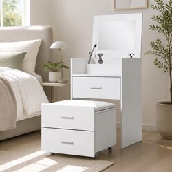 2-in-1 Bedside Dressing Table with Stool in White