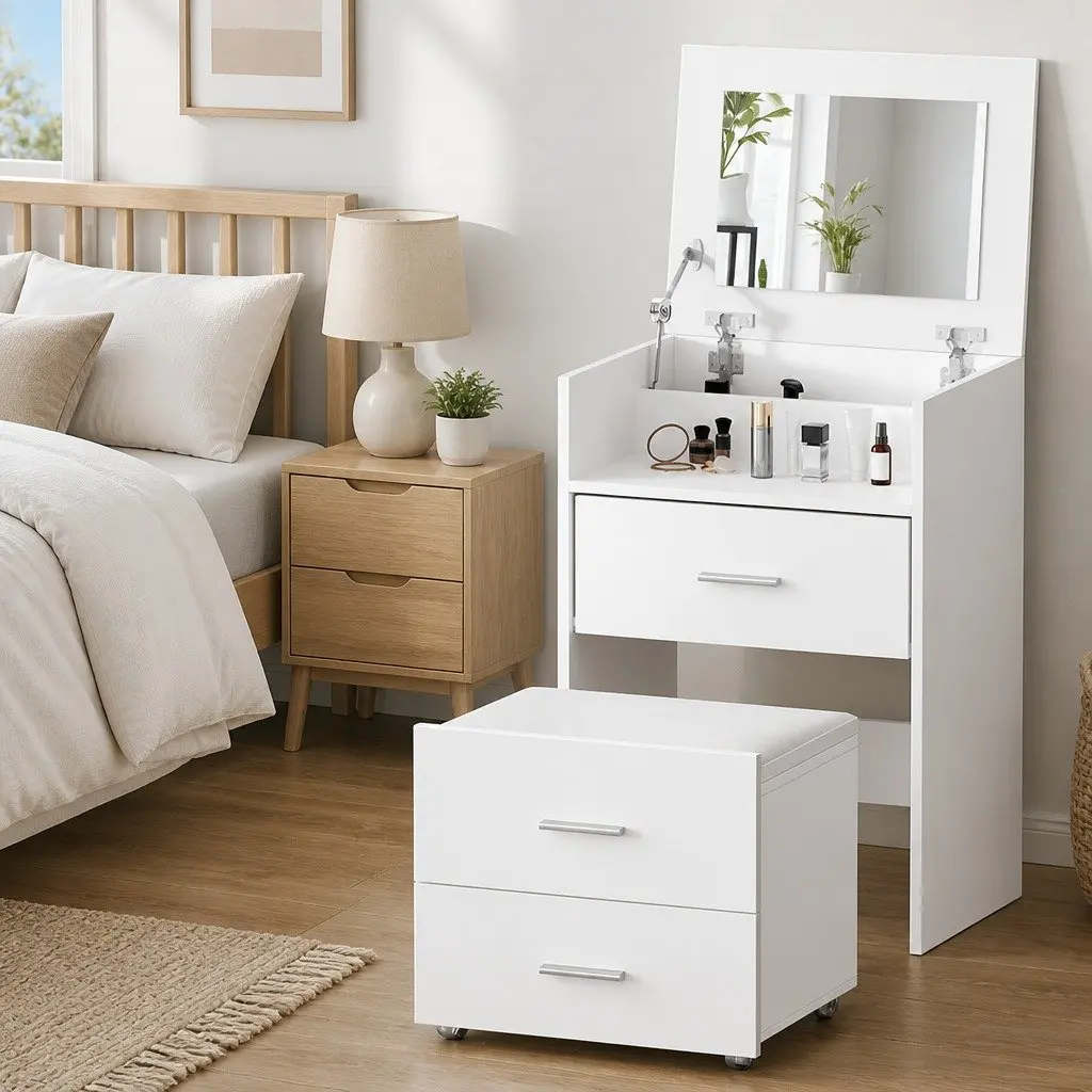 2-in-1 Bedside Dressing Table Stool Set White Modern Minimalist MDF with Hidden Mirror and Storage