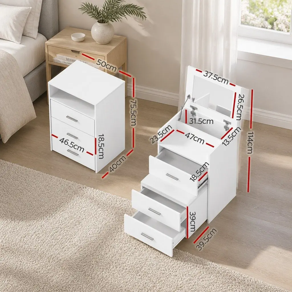 2-in-1 Bedside Dressing Table Stool Set White Modern Minimalist MDF with Hidden Mirror and Storage