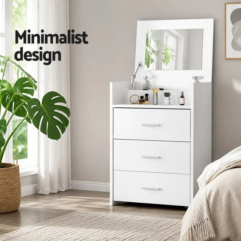 2-in-1 Bedside Dressing Table Stool Set White Modern Minimalist MDF with Hidden Mirror and Storage