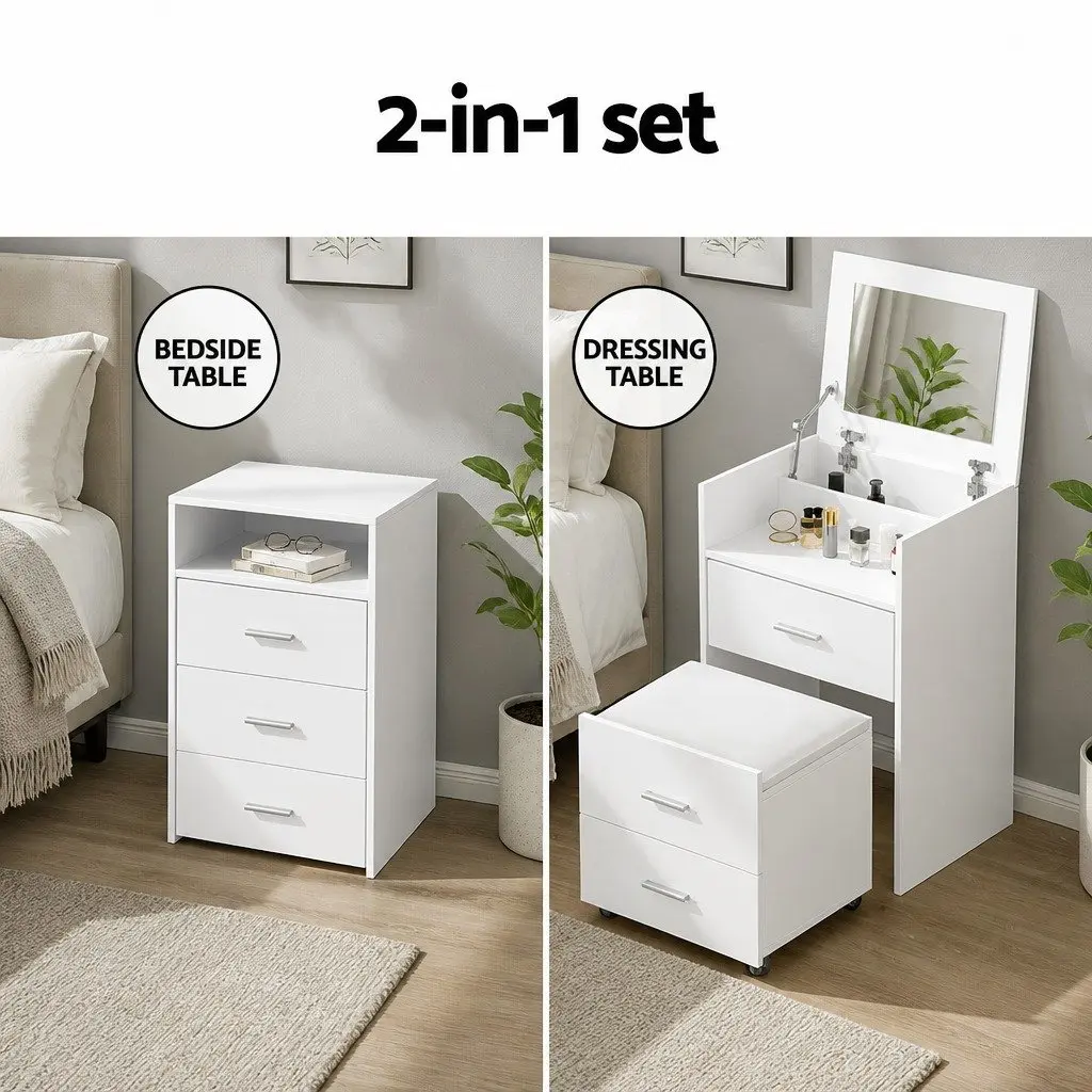 2-in-1 Bedside Dressing Table Stool Set White Modern Minimalist MDF with Hidden Mirror and Storage