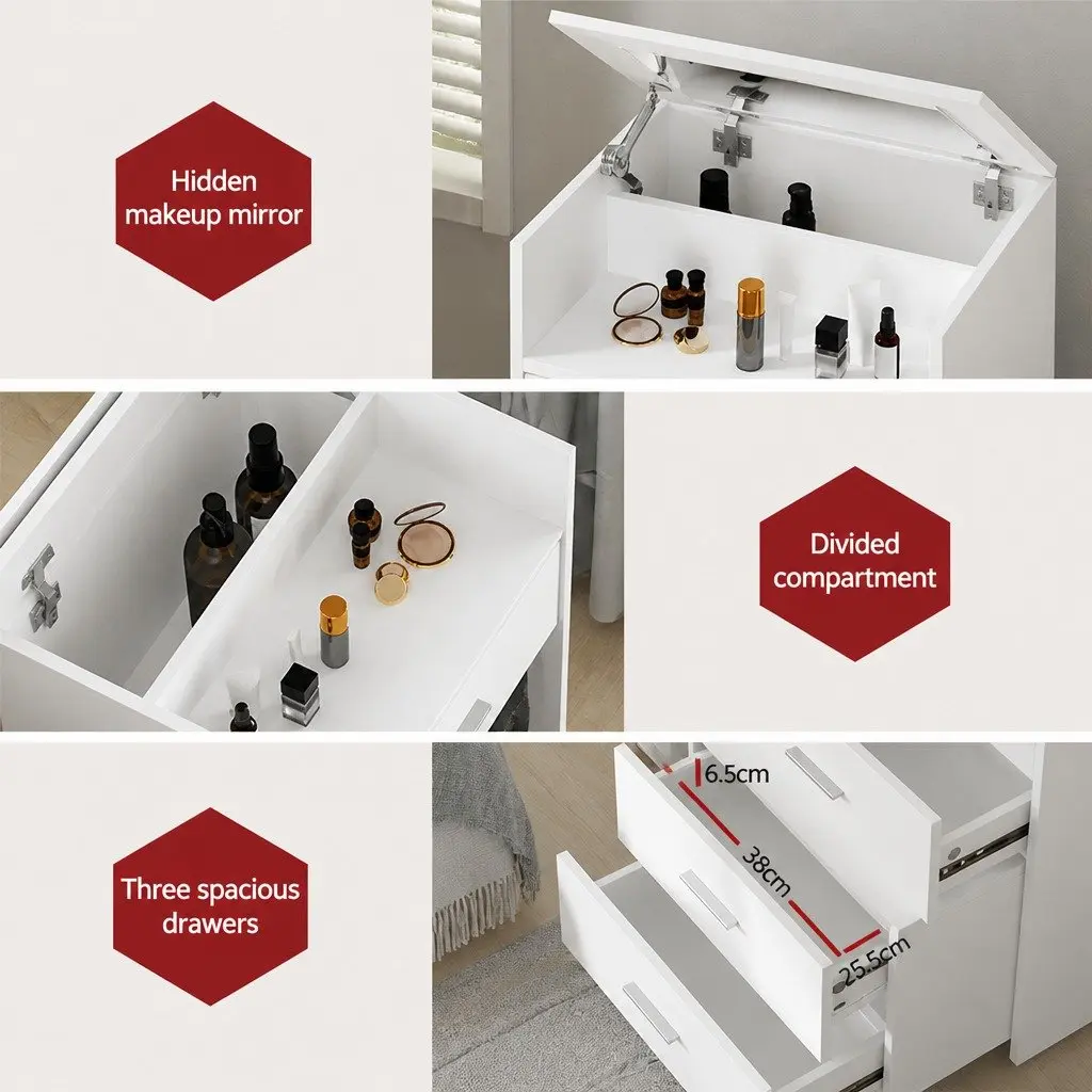 2-in-1 Bedside Dressing Table Stool Set White Modern Minimalist MDF with Hidden Mirror and Storage