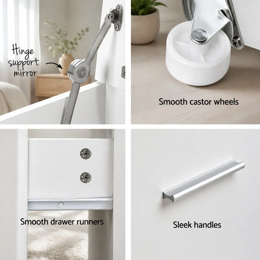 2-in-1 Bedside Dressing Table Stool Set White Modern Minimalist MDF with Hidden Mirror and Storage