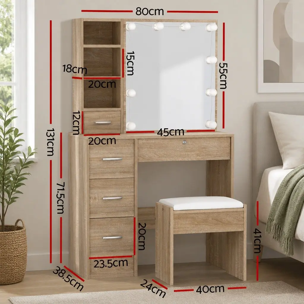Dressing Table Set Hollywood Style with Stool LED Bulbs Makeup Mirror 80cm Particle Board MDF Wood