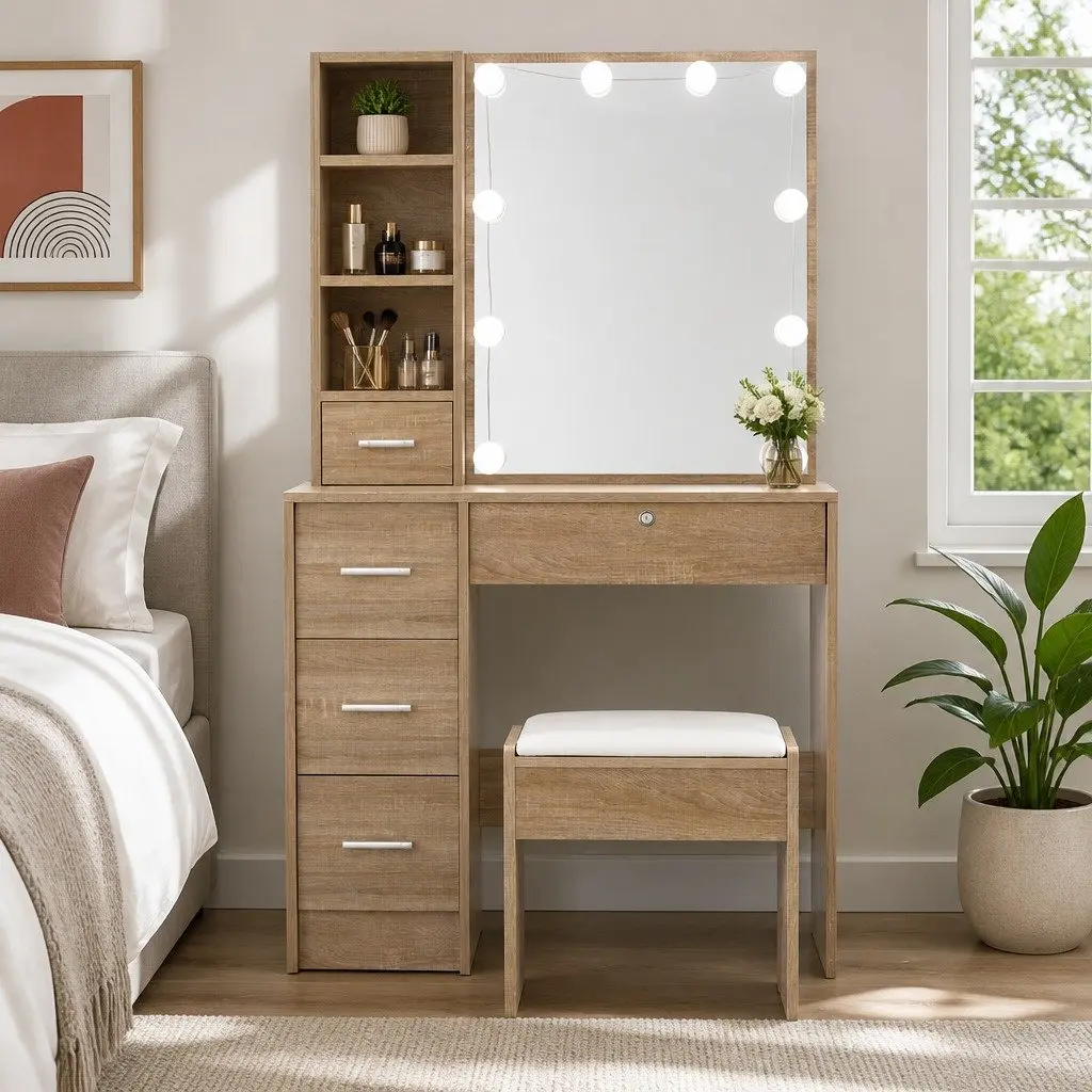 Dressing Table Set Hollywood Style with Stool LED Bulbs Makeup Mirror 80cm Particle Board MDF Wood