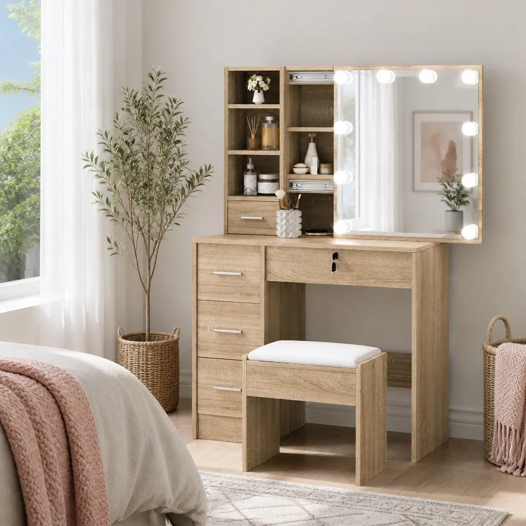 Dressing Table Set Hollywood Style with Stool LED Bulbs Makeup Mirror 80cm Particle Board MDF Wood