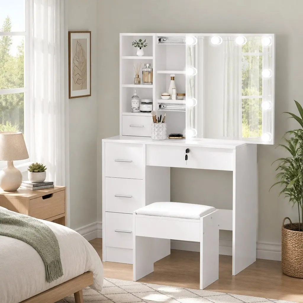 White Vanity Dressing Table Set with LED Bulbs