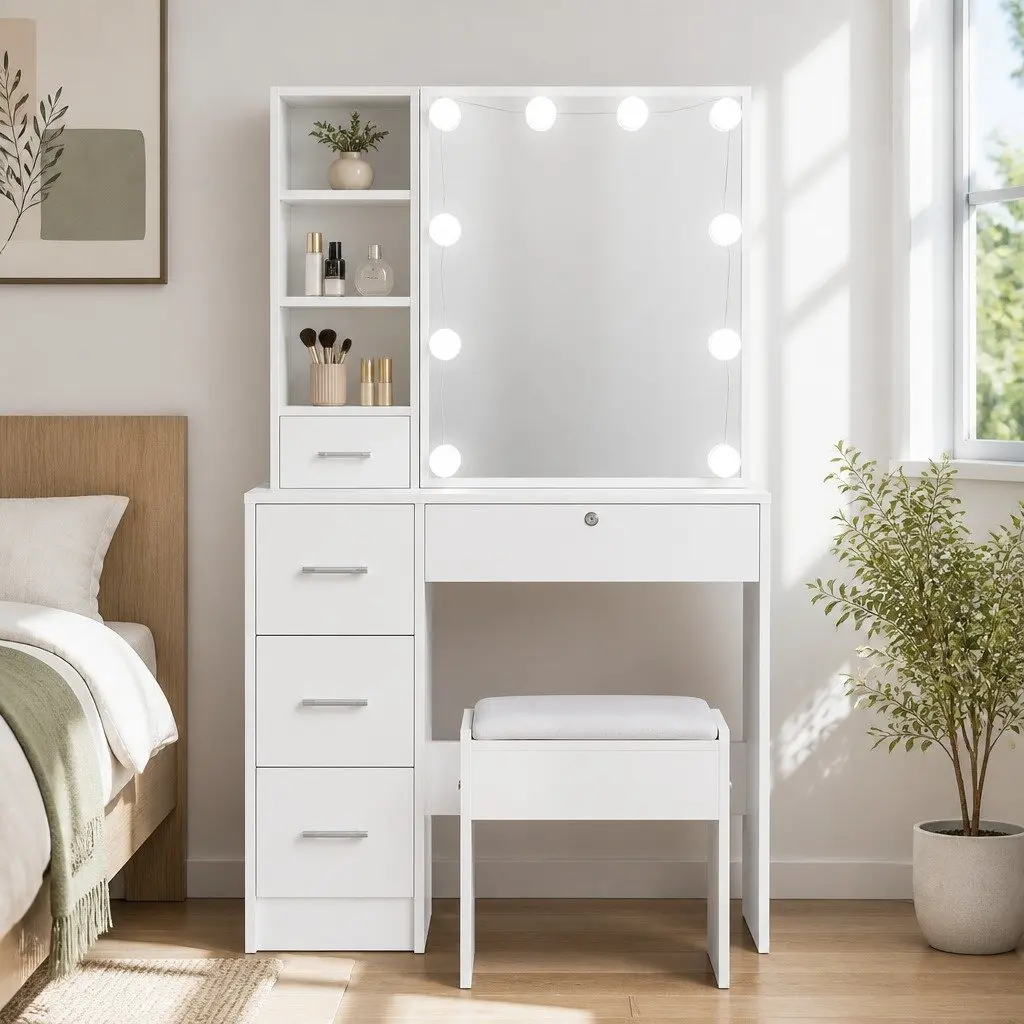 White Vanity Dressing Table Set with LED Bulbs