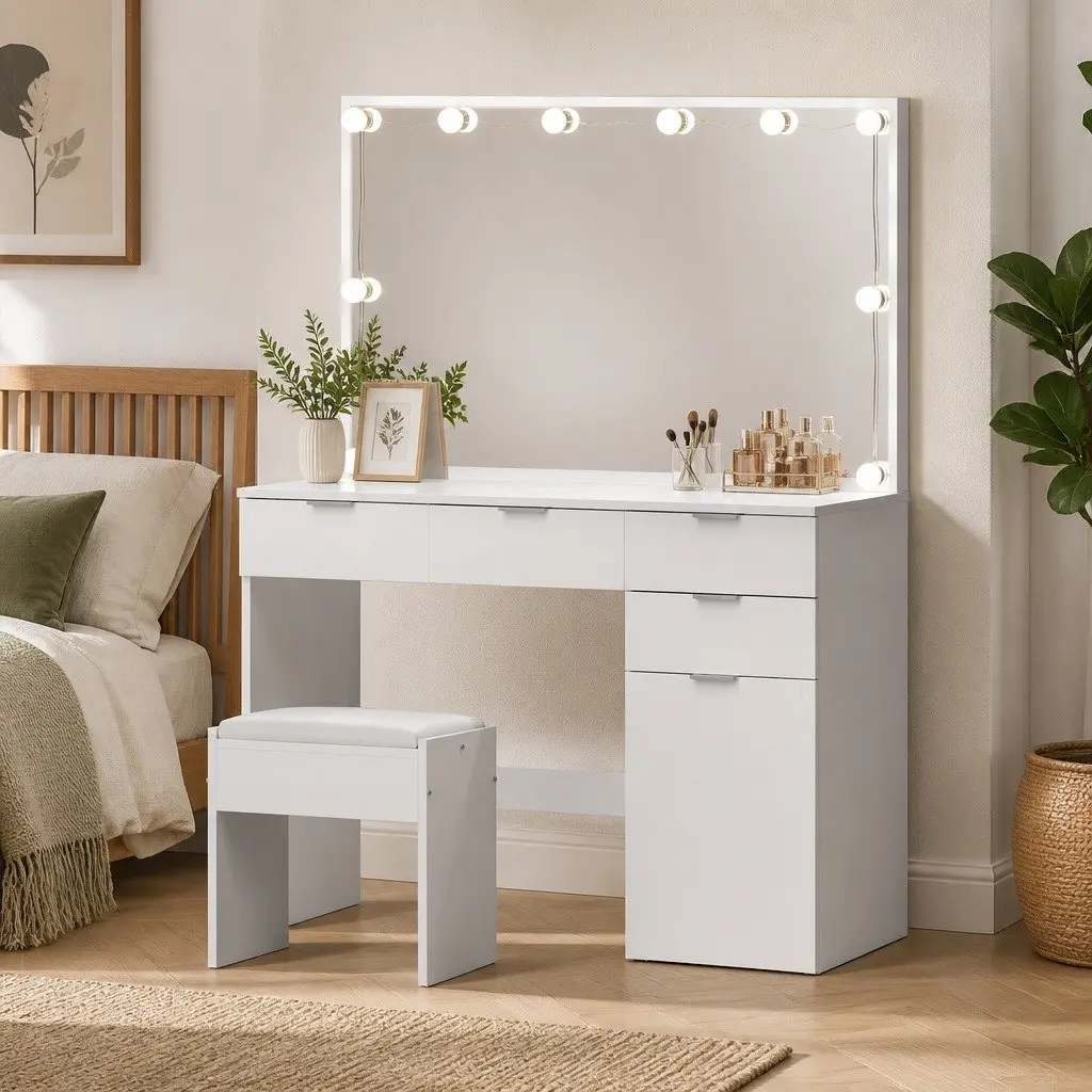 White LED Dressing Table Set with Stool and Mirror