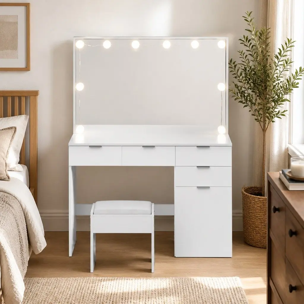White LED Dressing Table Set with Stool and Mirror