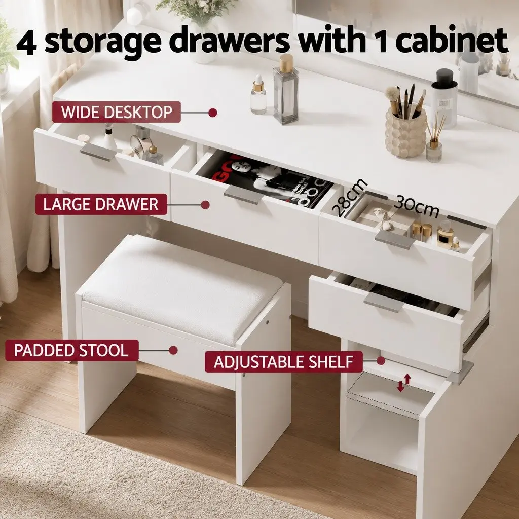 White LED Dressing Table Set with Stool and Mirror