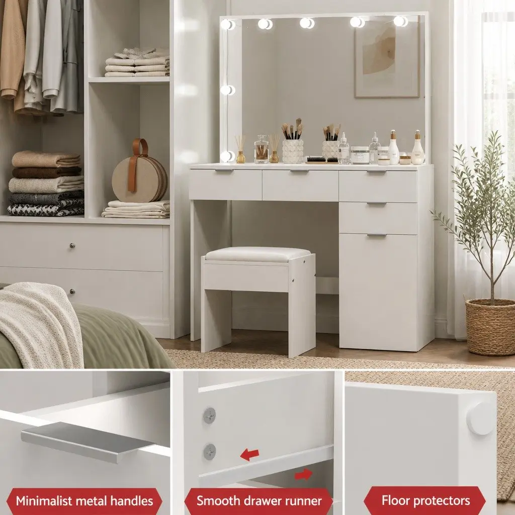 White LED Dressing Table Set with Stool and Mirror