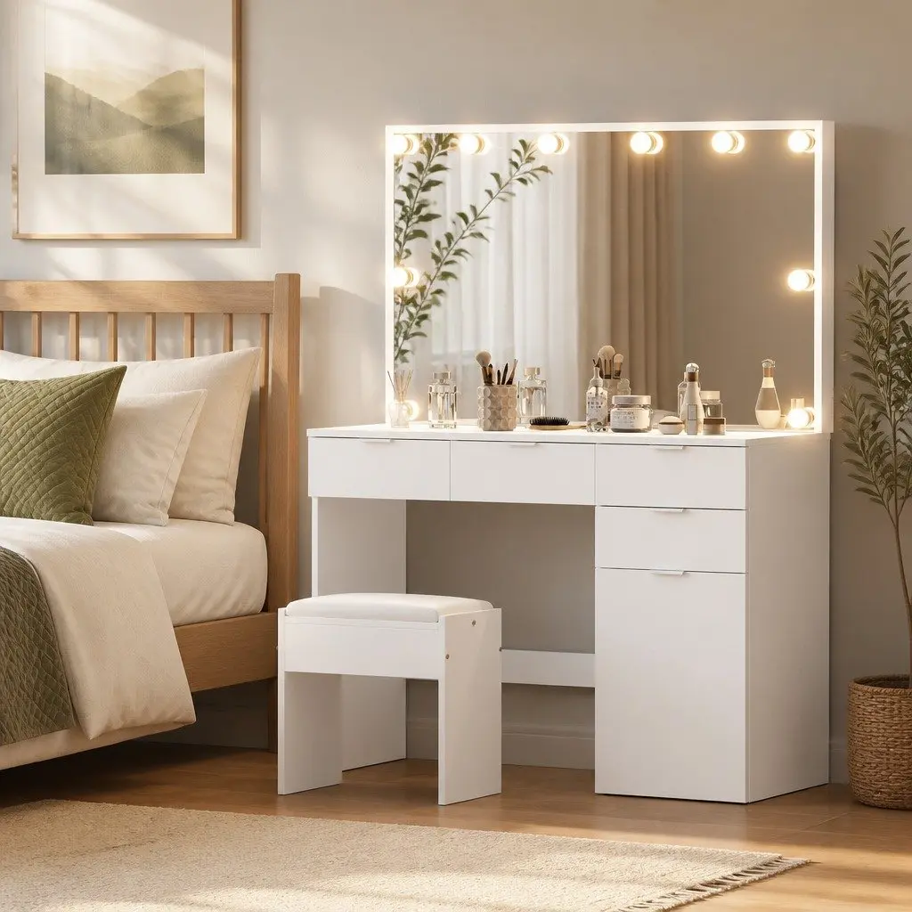 White LED Dressing Table Set with Stool and Mirror