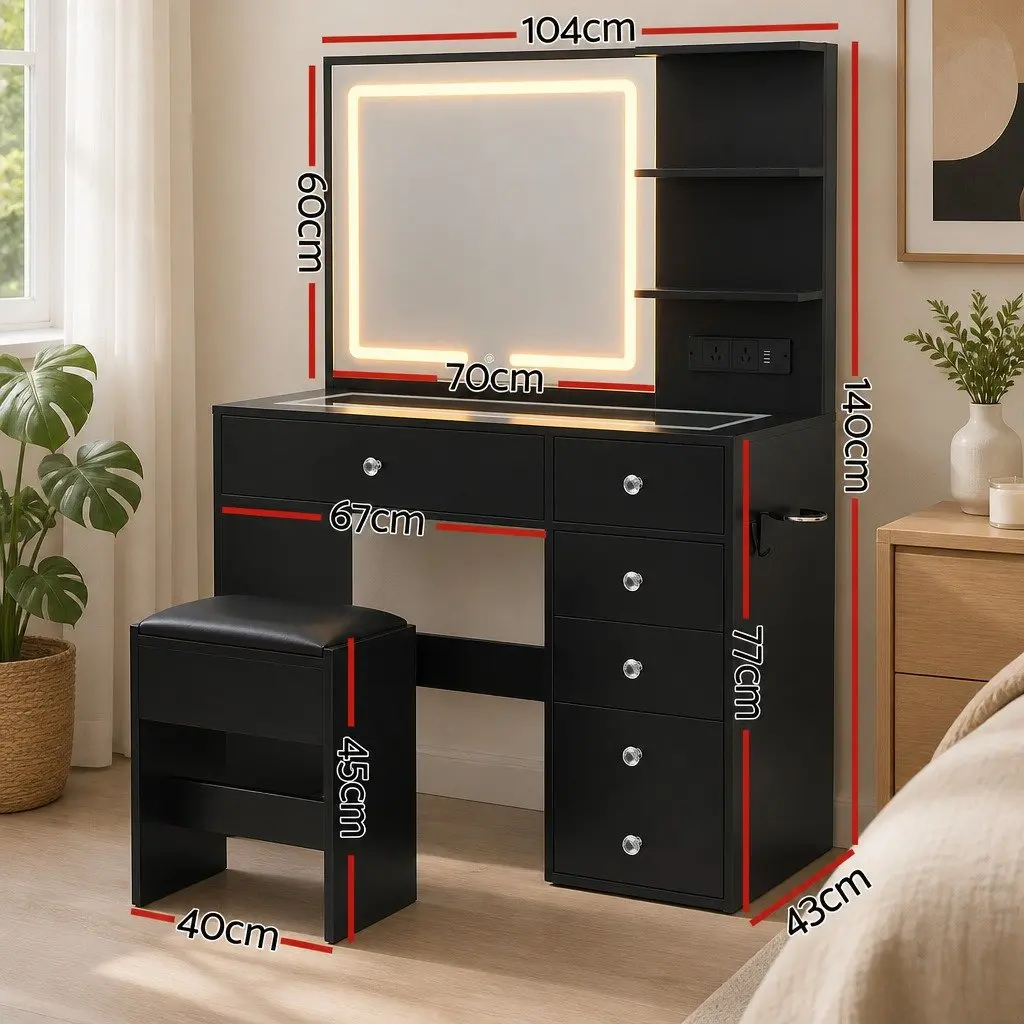 Dressing Vanity Desk LED Mirror Makeup Table Stool Black E1 Particle Board Tempered Glass