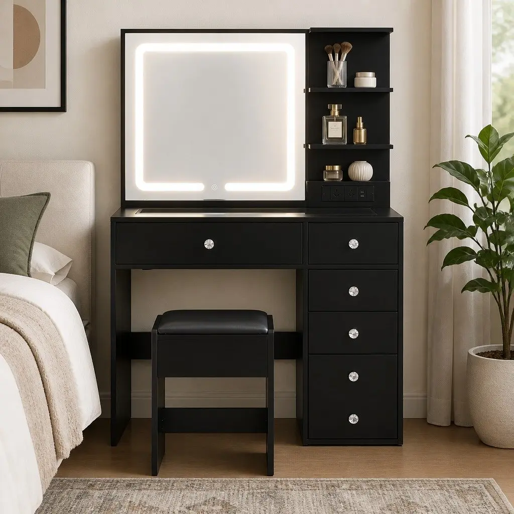 Dressing Vanity Desk LED Mirror Makeup Table Stool Black E1 Particle Board Tempered Glass