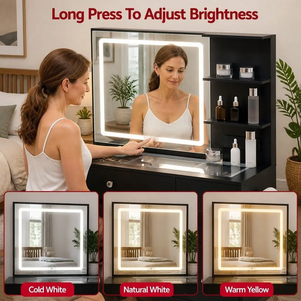Dressing Vanity Desk LED Mirror Makeup Table Stool Black E1 Particle Board Tempered Glass
