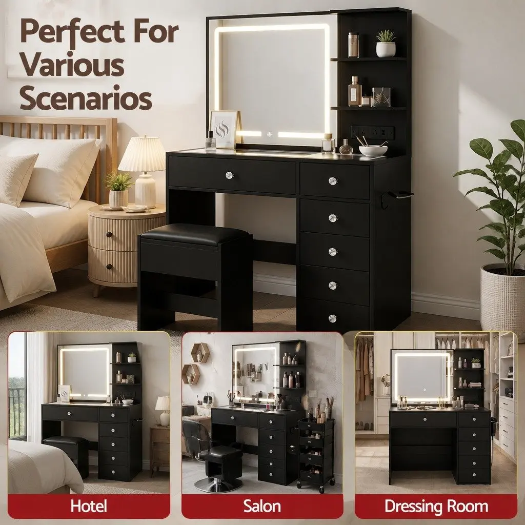 Dressing Vanity Desk LED Mirror Makeup Table Stool Black E1 Particle Board Tempered Glass