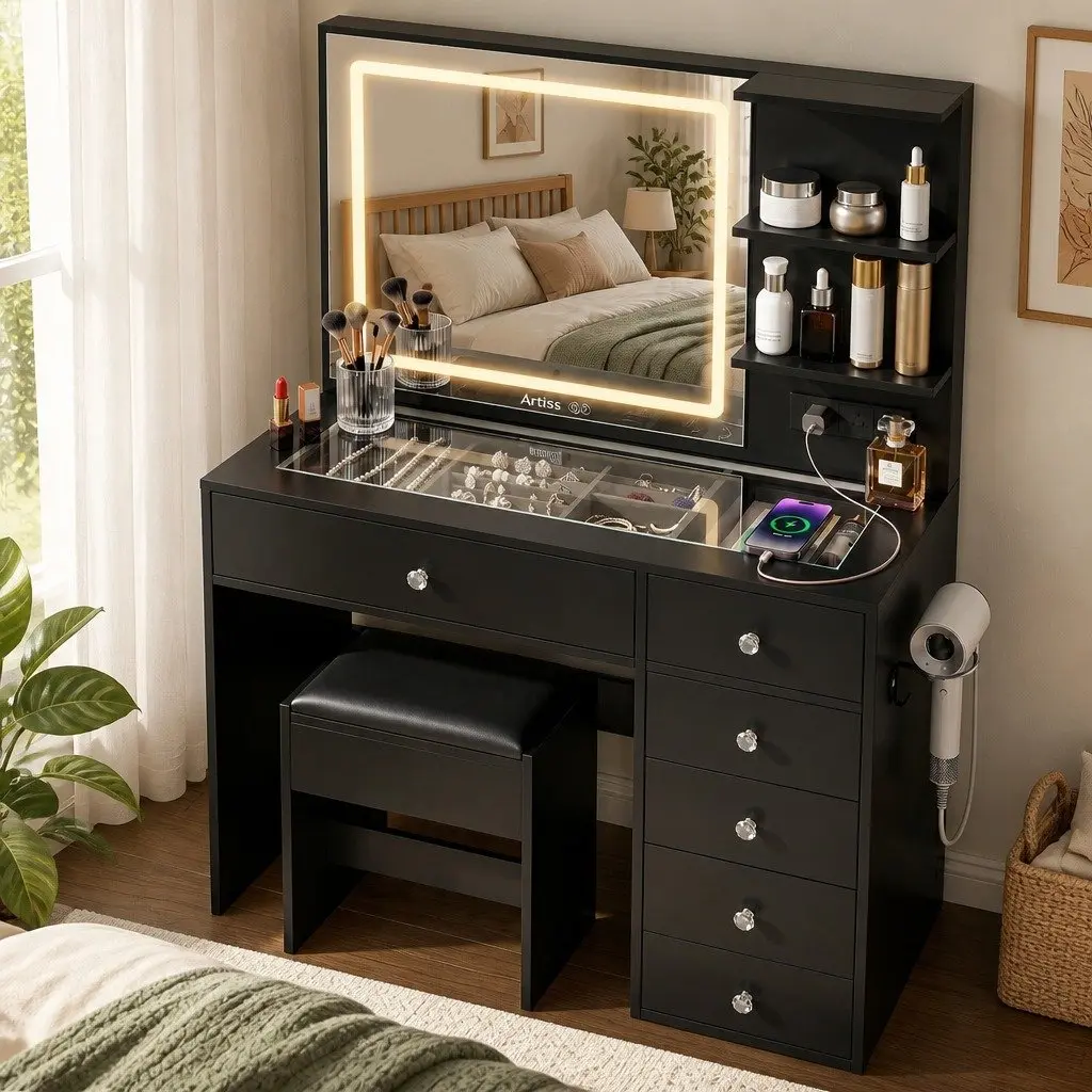 Dressing Vanity Desk LED Mirror Makeup Table Stool Black E1 Particle Board Tempered Glass