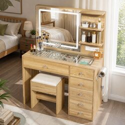 LED Vanity Desk Set with Stool and Mirror for Bedrooms