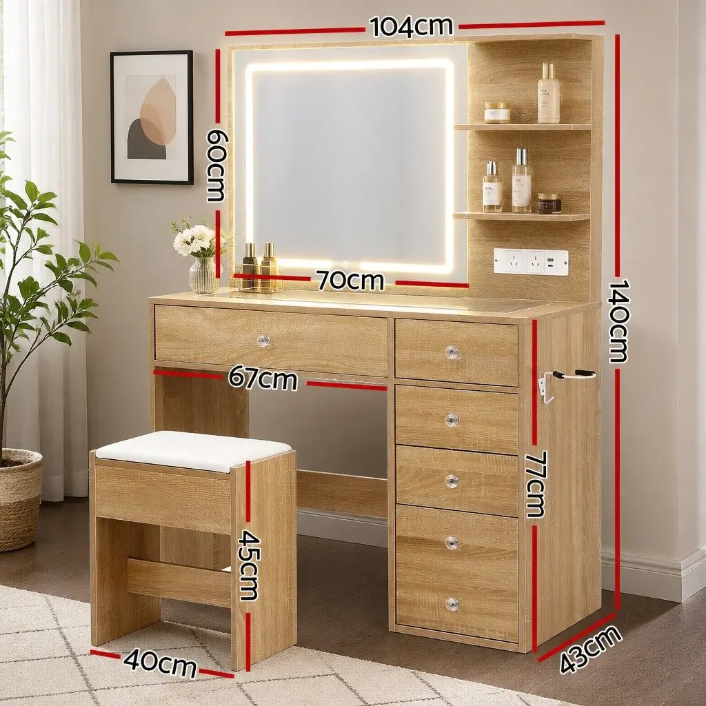 Dressing Table LED Vanity Desk Set with Stool Glass Top 5 Drawers Wood