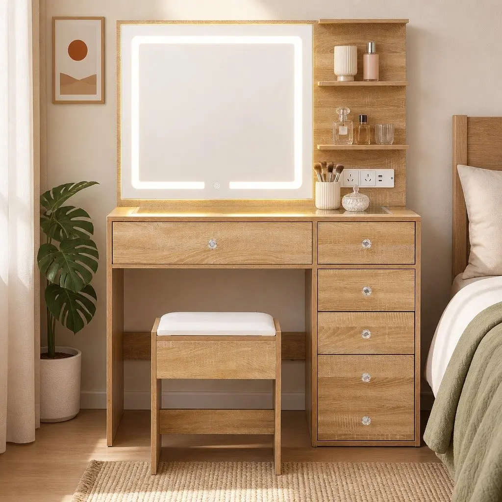 Dressing Table LED Vanity Desk Set with Stool Glass Top 5 Drawers Wood