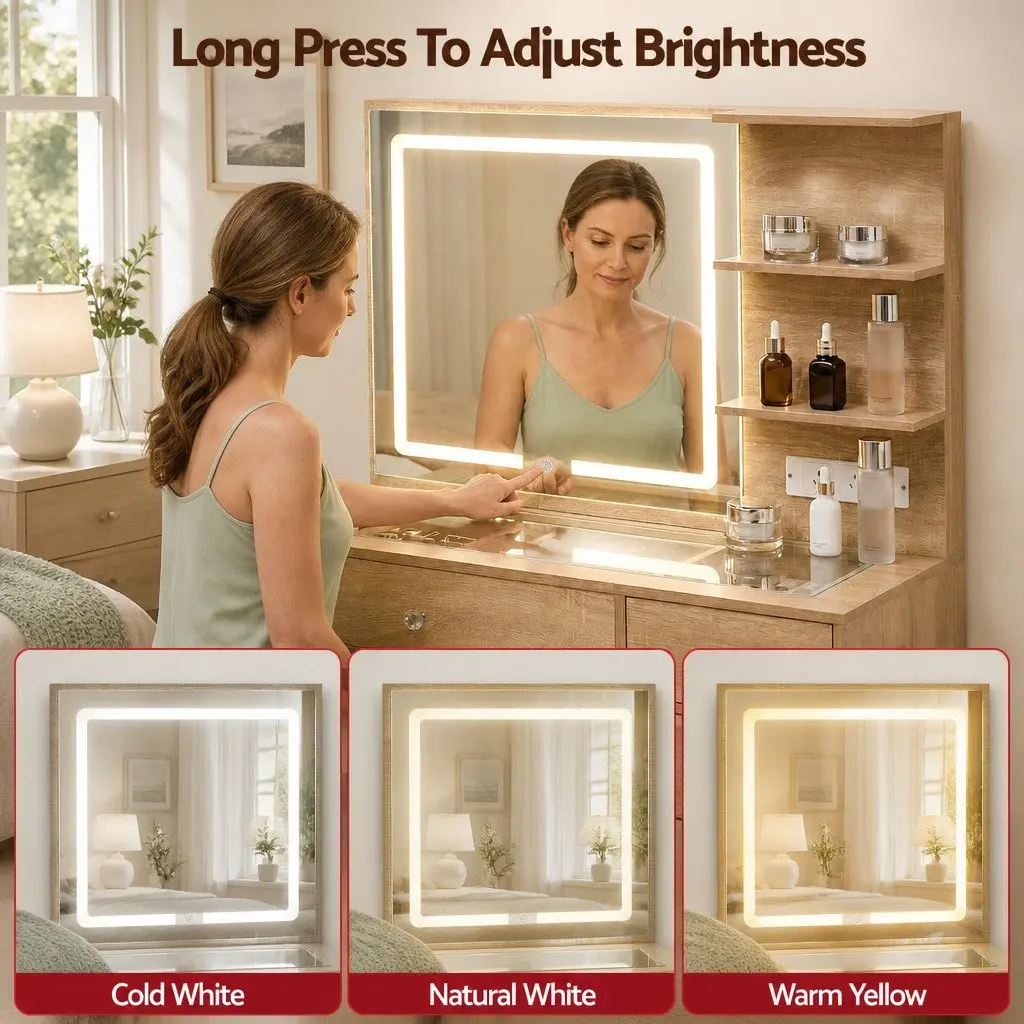 Dressing Table LED Vanity Desk Set with Stool Glass Top 5 Drawers Wood