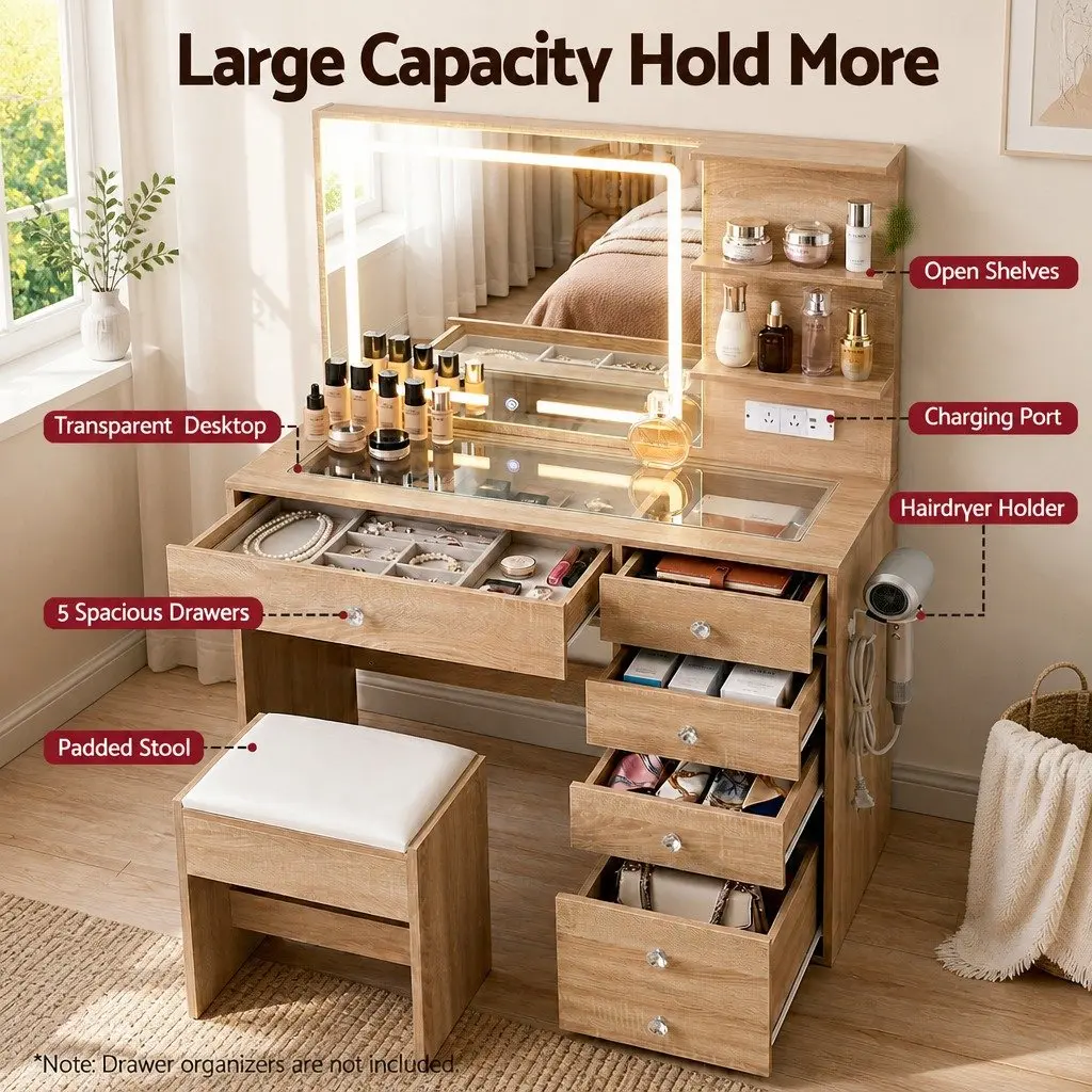 Dressing Table LED Vanity Desk Set with Stool Glass Top 5 Drawers Wood
