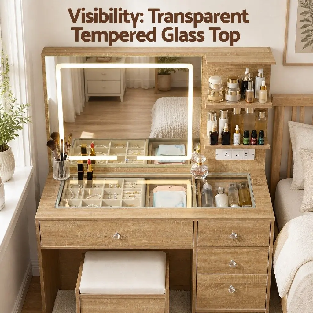 Dressing Table LED Vanity Desk Set with Stool Glass Top 5 Drawers Wood
