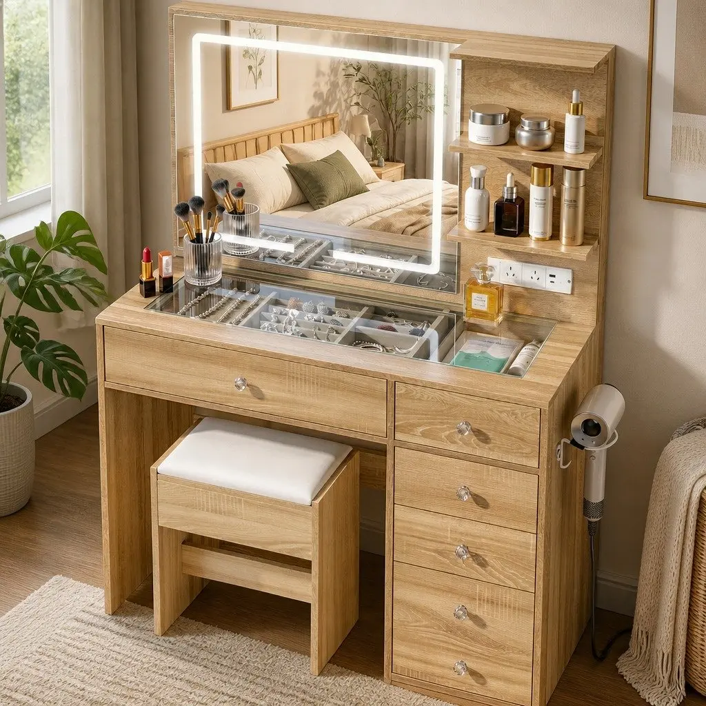 Dressing Table LED Vanity Desk Set with Stool Glass Top 5 Drawers Wood