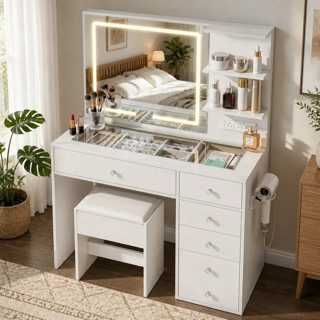 LED Vanity Dressing Table White Hollywood Style with Makeup Mirror Stool and Drawers