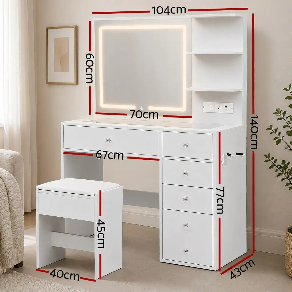 LED Vanity Dressing Table White Hollywood Style with Makeup Mirror Stool and Drawers