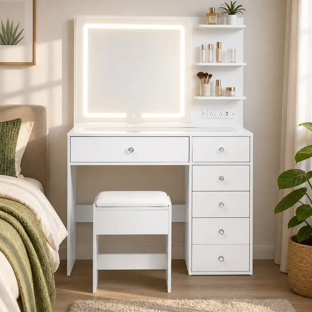 LED Vanity Dressing Table White Hollywood Style with Makeup Mirror Stool and Drawers