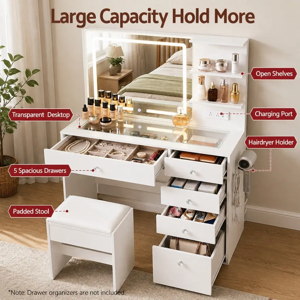 LED Vanity Dressing Table White Hollywood Style with Makeup Mirror Stool and Drawers