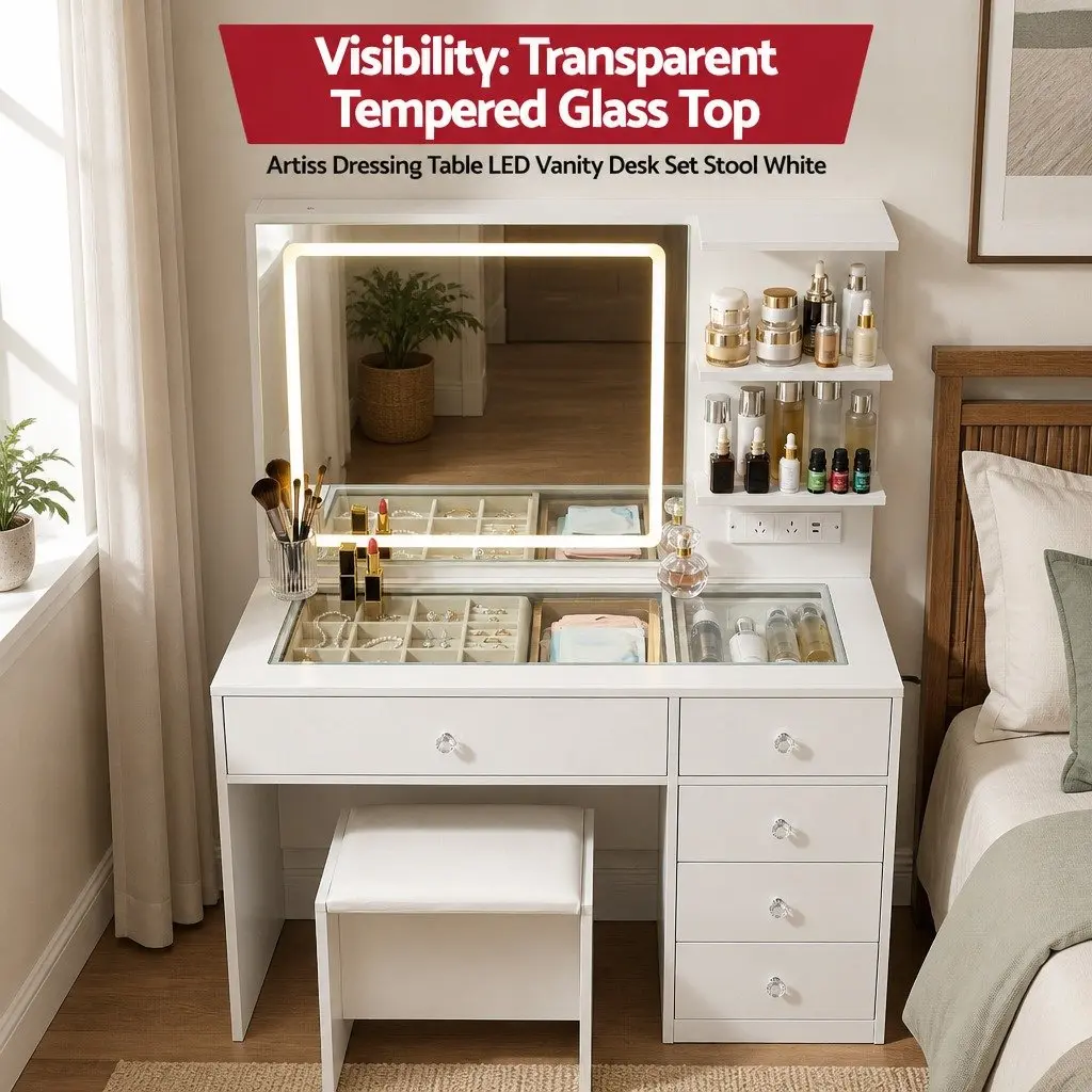 LED Vanity Dressing Table White Hollywood Style with Makeup Mirror Stool and Drawers