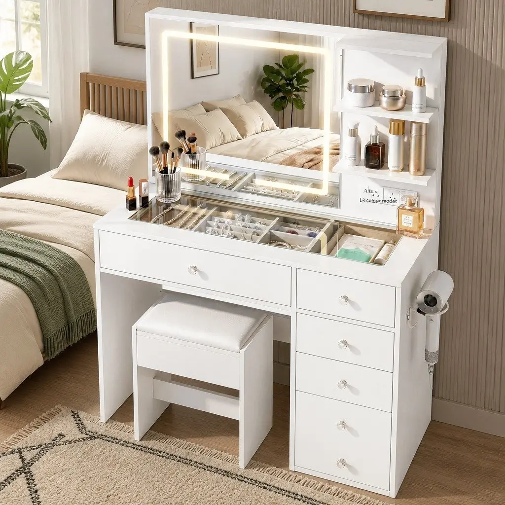 LED Vanity Dressing Table White Hollywood Style with Makeup Mirror Stool and Drawers