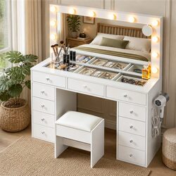 Elegant White Dressing Table with LED Mirror and Stool