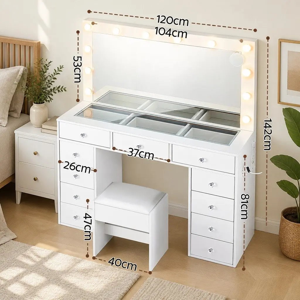 Dressing Table Vanity Desk White Modern 120cm E1 Particle Board with LED Mirror and Stool