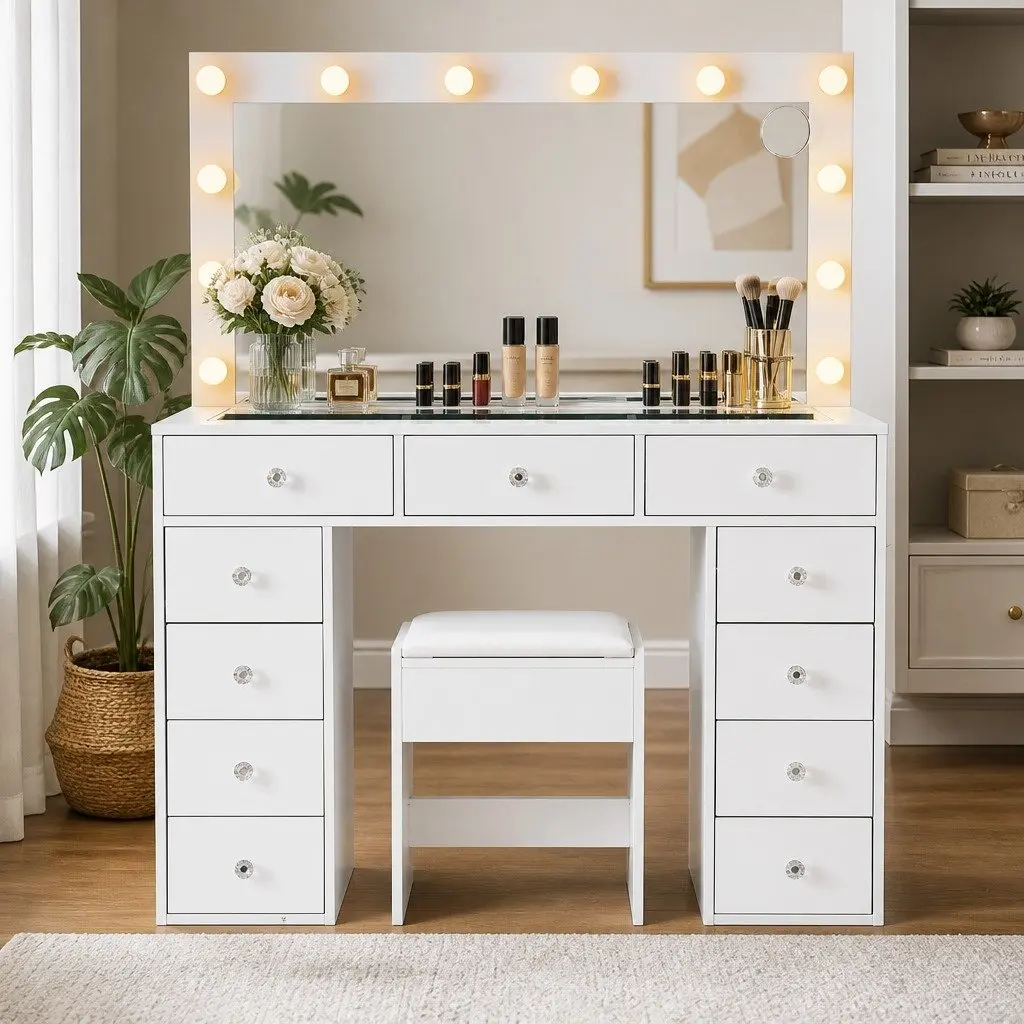 Dressing Table Vanity Desk White Modern 120cm E1 Particle Board with LED Mirror and Stool