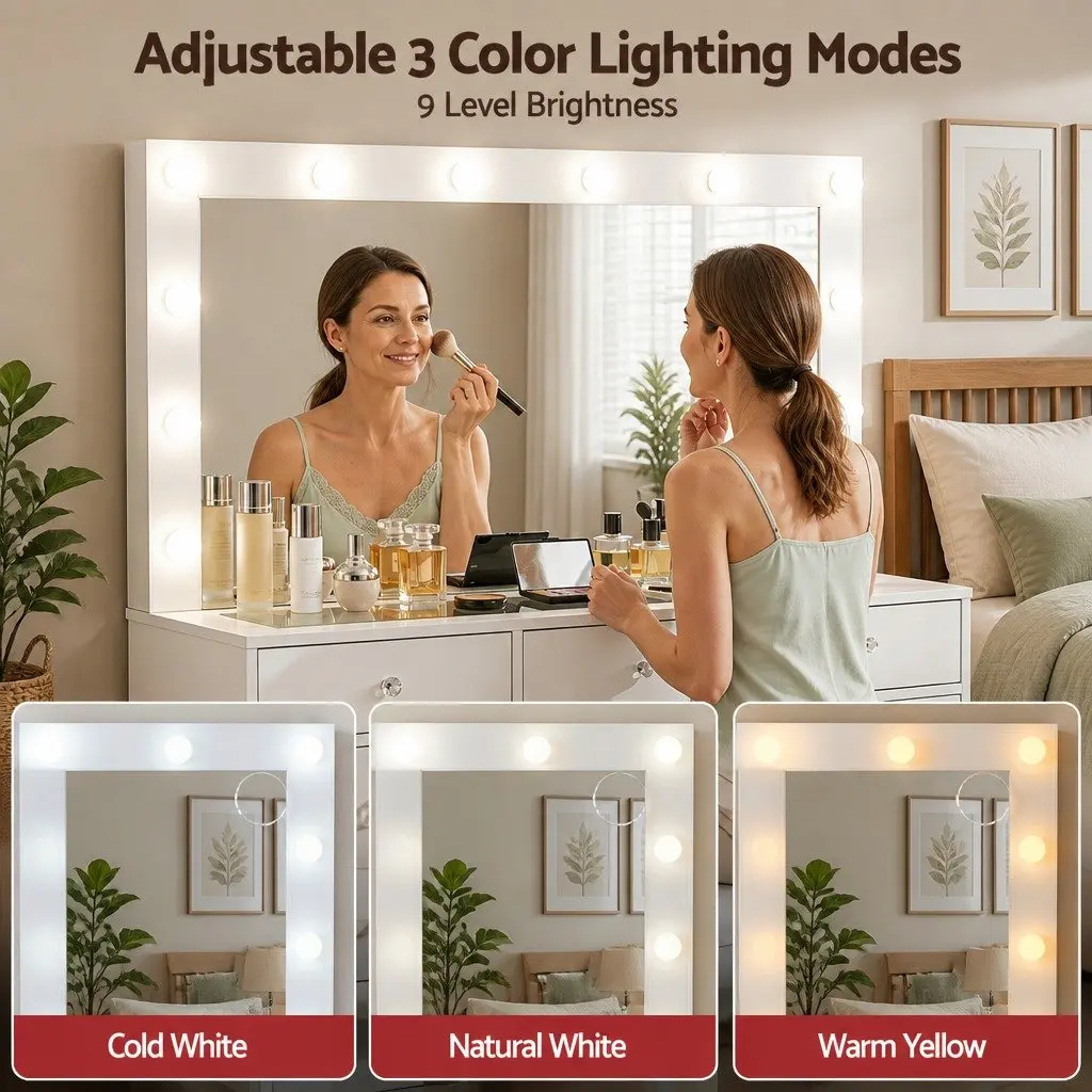 Dressing Table Vanity Desk White Modern 120cm E1 Particle Board with LED Mirror and Stool
