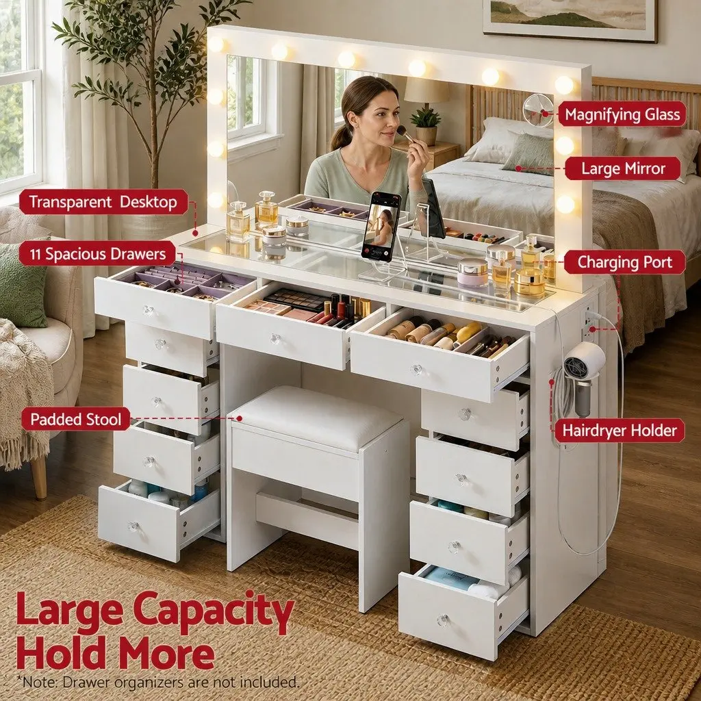 Dressing Table Vanity Desk White Modern 120cm E1 Particle Board with LED Mirror and Stool