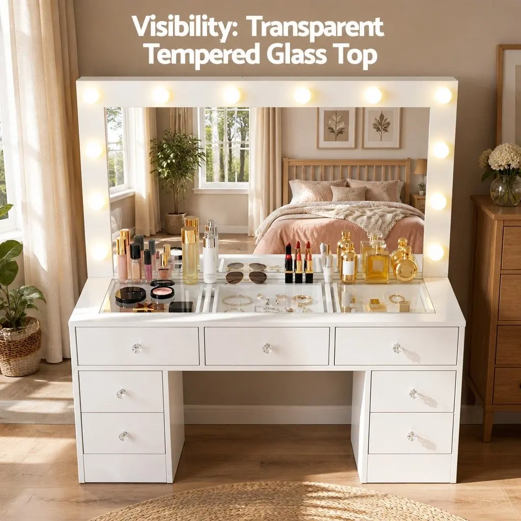 Dressing Table Vanity Desk White Modern 120cm E1 Particle Board with LED Mirror and Stool