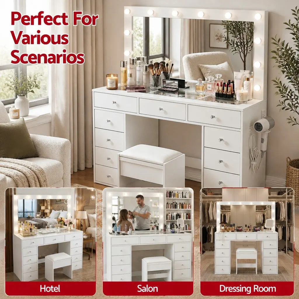 Dressing Table Vanity Desk White Modern 120cm E1 Particle Board with LED Mirror and Stool
