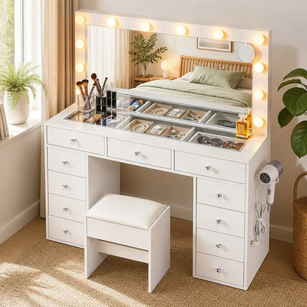 Dressing Table Vanity Desk White Modern 120cm E1 Particle Board with LED Mirror and Stool