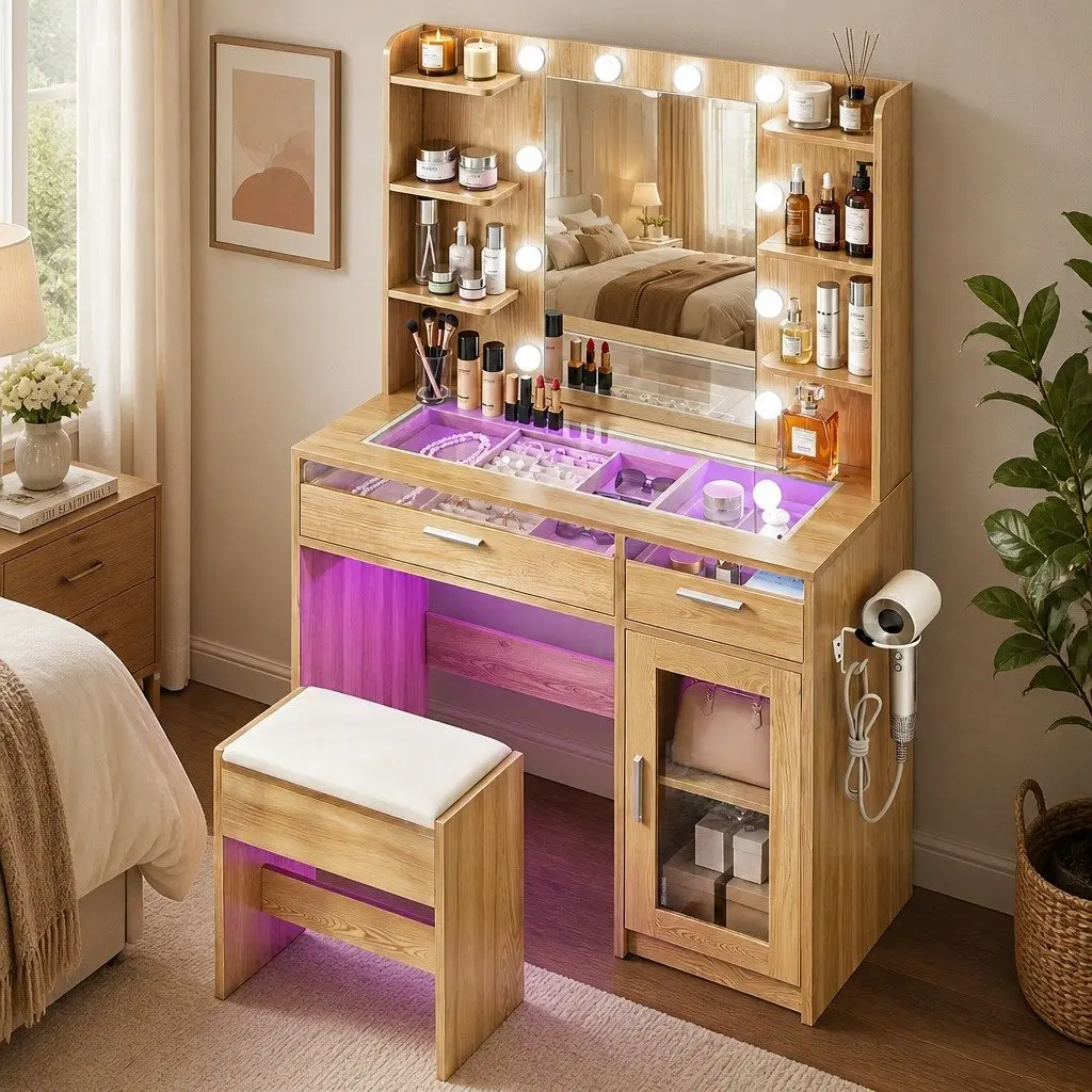 Dressing Table Vanity Desk Hollywood LED Mirror 90cm E1 Particle Board Tempered Glass Wood Finish with Foam Padded Stool and Storage Drawers