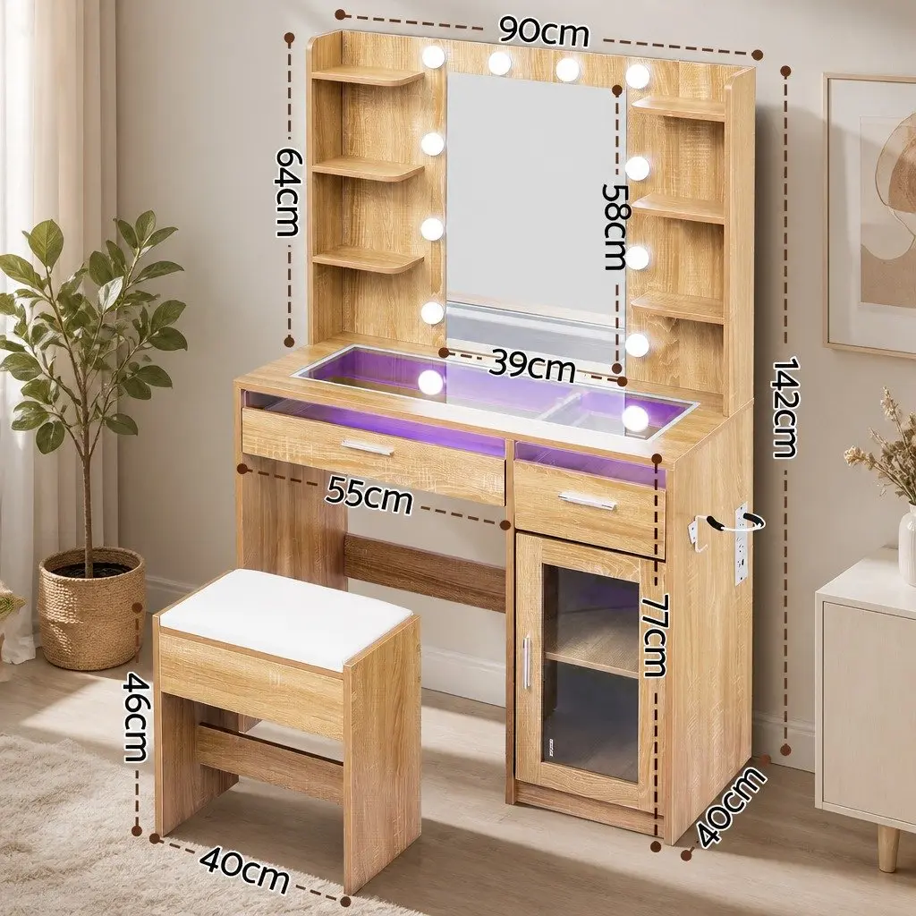 Dressing Table Vanity Desk Hollywood LED Mirror 90cm E1 Particle Board Tempered Glass Wood Finish with Foam Padded Stool and Storage Drawers
